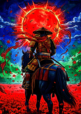Samurai Warrior Riding Under Red Sun