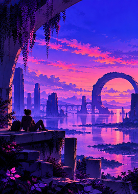 last Person overlooking a futuristic sunset landscape