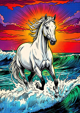 Horse Ocean Sunset Pop Art Poster
