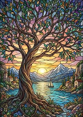 Stained Glass Landscape with Tree