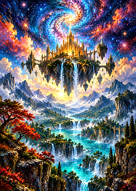 Floating Celestial Castle Over Waterfall Valley
