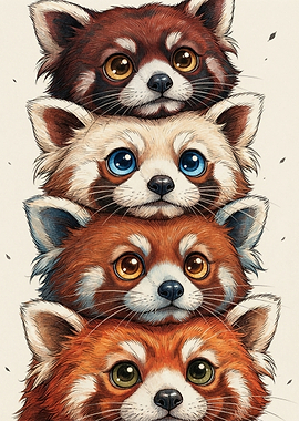 Stack of Four Cute Red Pandas