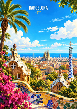 Barcelona Spain Park Güell Travel Poster