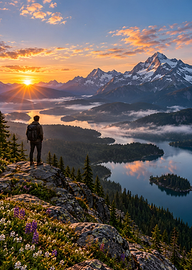 Hiker overlooking mountain lake at sunrise