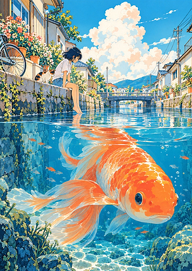 Girl and Giant Goldfish in Canal