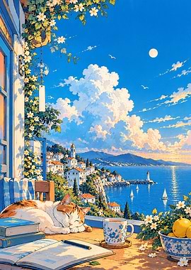 Sleeping Cat on Mediterranean Balcony