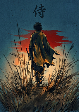 Lone Samurai Walking Through Tall Grass Japanese Anime Art Print
