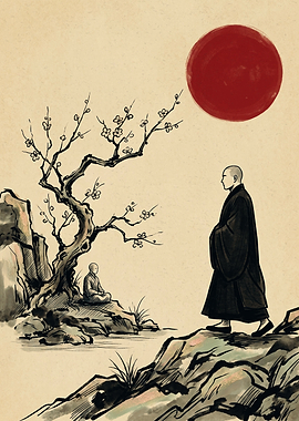 Zen Monk Cherry Blossom Red Sun Japanese Ink Wash Painting