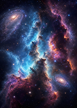 Vibrant Cosmic Nebula and Galaxies