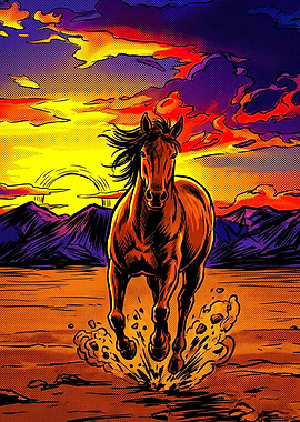 Horse Sunset Beach Retro Pop Art