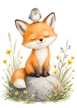 Cute Fox and Bird on Rock