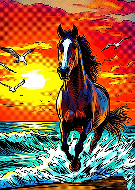 Horse Sunset Beach Psychedelic Art