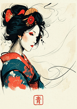 Japanese Geisha Woman In Kimono Illustration Ink Sketch And Watercolor Art