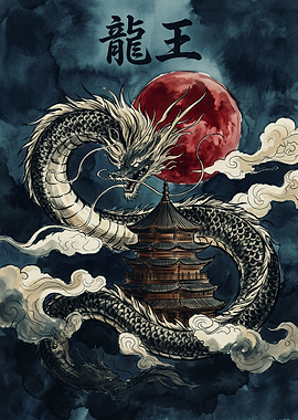 Asian Dragon Pagoda Red Moon Japanese Mythical Creature Watercolor Ink Style