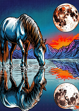 Horse Moon Lake Retro Art Poster