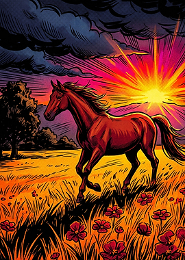 Horse Sunset Meadow Retro Comic Art
