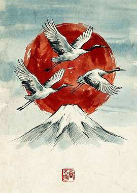 Japanese Cranes Mount Fuji Red Sun Japanese Art Watercolor