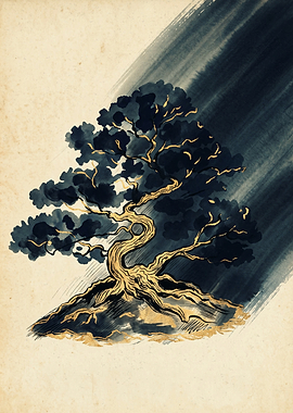 Bonsai Tree Japanese Nature Art Watercolor Painting