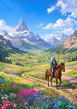 Knight Riding Through Alpine Meadow