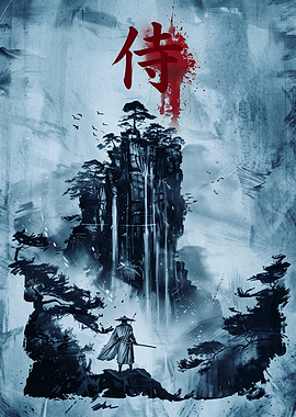 Samurai Mountain Landscape Japanese Art Poster Ink Wash Style