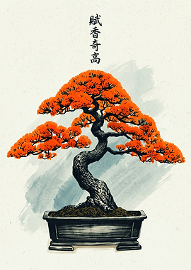 Orange Bonsai Tree Japanese Art Print Minimalist Ink Painting
