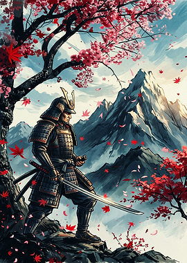 Samurai Warrior Under Cherry Blossoms Japan Culture Art Clear Brush Strokes