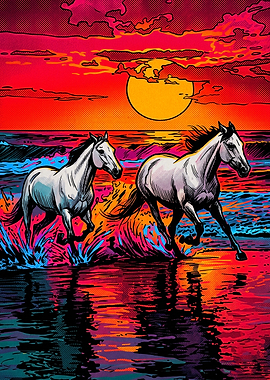 Horse Beach Sunset Retro Pop Art Po