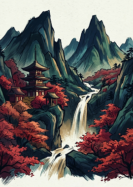 Japanese Pagoda Waterfall Mountain Landscape Asian Art Clear Brush Strokes