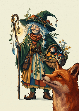 Forest Witch And Fox Fantasy Art Illustration Clean Brush Strokes