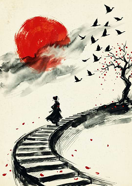 Geisha And Red Sun Japanese Art Watercolor Ink Painting Wall Decor