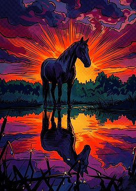 Horse Moon Night Retro Comic Poster