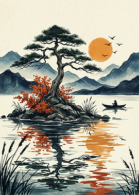 Japanese Bonsai Tree Landscape Mountain Nature Art Japanese Ink Painting Print