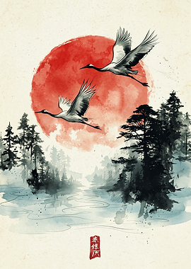 Flying Cranes Japanese Red Sun Landscape Sumi E Art Print