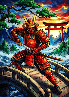 Red Samurai Warrior on Bridge