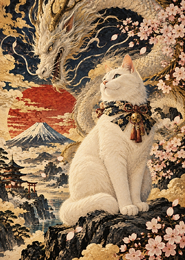 White Cat and Dragon Japanese Art