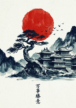 Japanese Temple Bonsai Tree And Red Sun Landscape Traditional Ink Wash Art