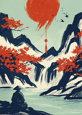 Japanese Samurai Landscape Mountain Red Sun Asian Art Print