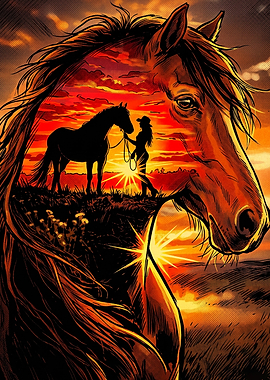 Horse Sunset Cowgirl Western Art
