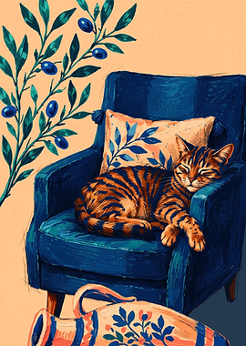 Sleeping Cat On Chair Cats Oil Painting