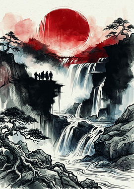 Samurai Warriors Waterfall Red Sun Japanese Ink Painting Landscape