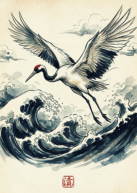 Flying Crane Over Ocean Waves Japanese Art Asian Nature Wildlife Pencil Sketch Poster