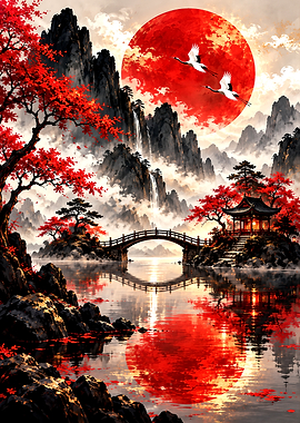 Red Sun Over Japanese Landscape
