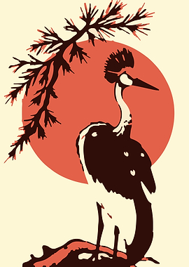 Red-Crowned Crane and Rising Sun