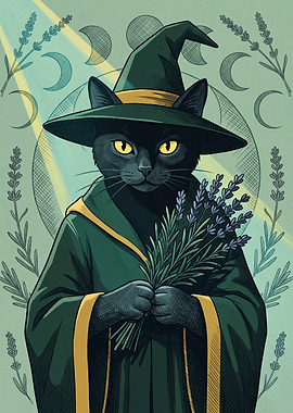 Black Cat Witch With Lavender Magic Potions Illustration Vintage Style Art