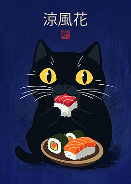 Black Cat Eating Sushi Japanese Art Print
