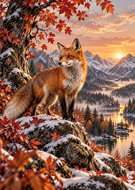 Red Fox in Snowy Autumn Landscape