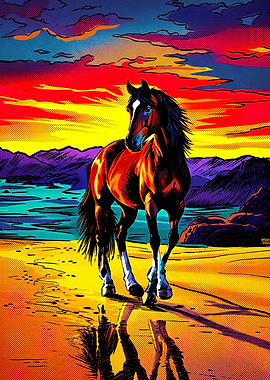 Red Horse Beach Sunset Comic Art