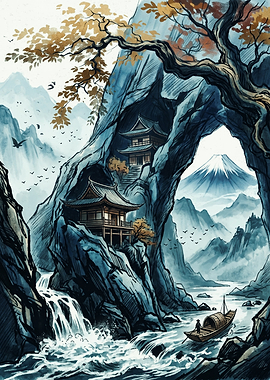 Japanese Temple Mountain Landscape Mount Fuji Traditional Ink Wash Painting Art