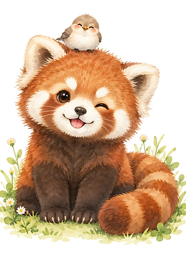 Cute Red Panda with Little Bird