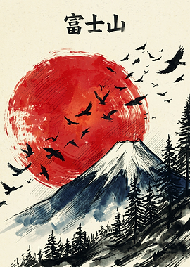 Mt Fuji Red Sun Japanese Art Ink Wash